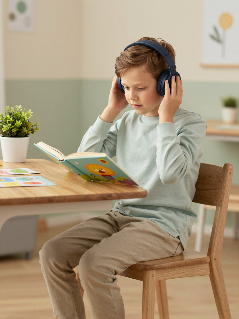 Child wearing headphones reading at a table