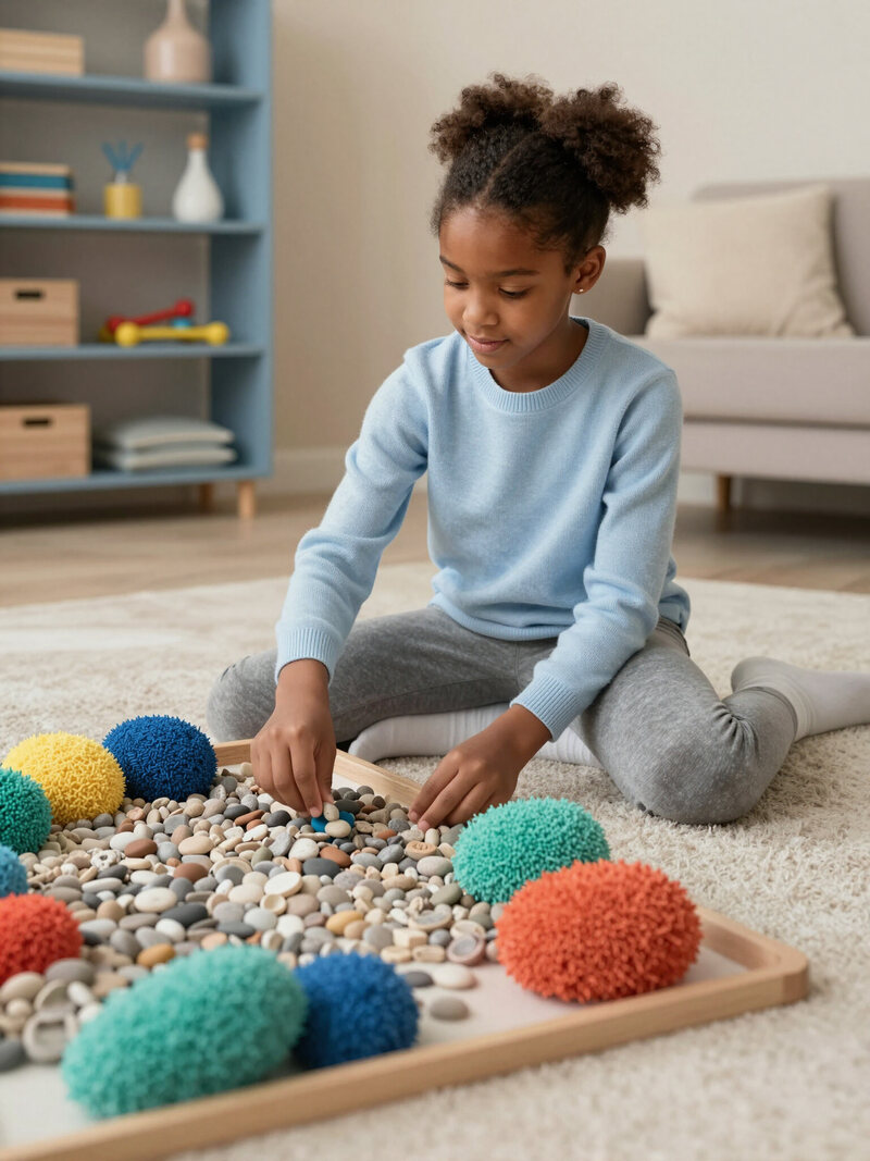 Child exploring a textured sensory tray
