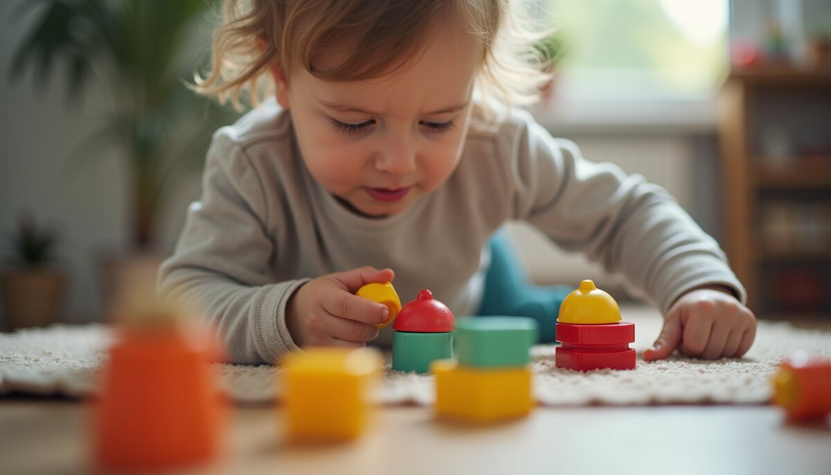 A child engaging with colorful sensory toys