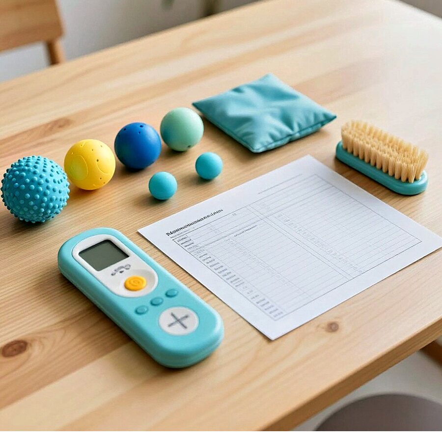Sensory assessment tools laid out on a table